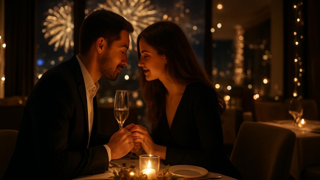 Coppia durante una cena romantica di Capodanno